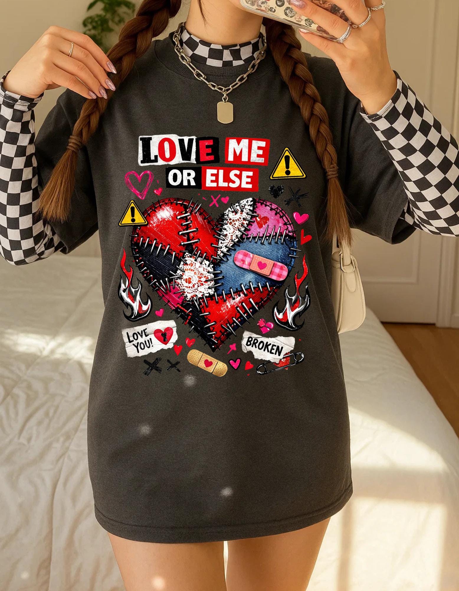 Love Me Or Else broken stitched heart T-Shirt | punk heart tattoo graphic