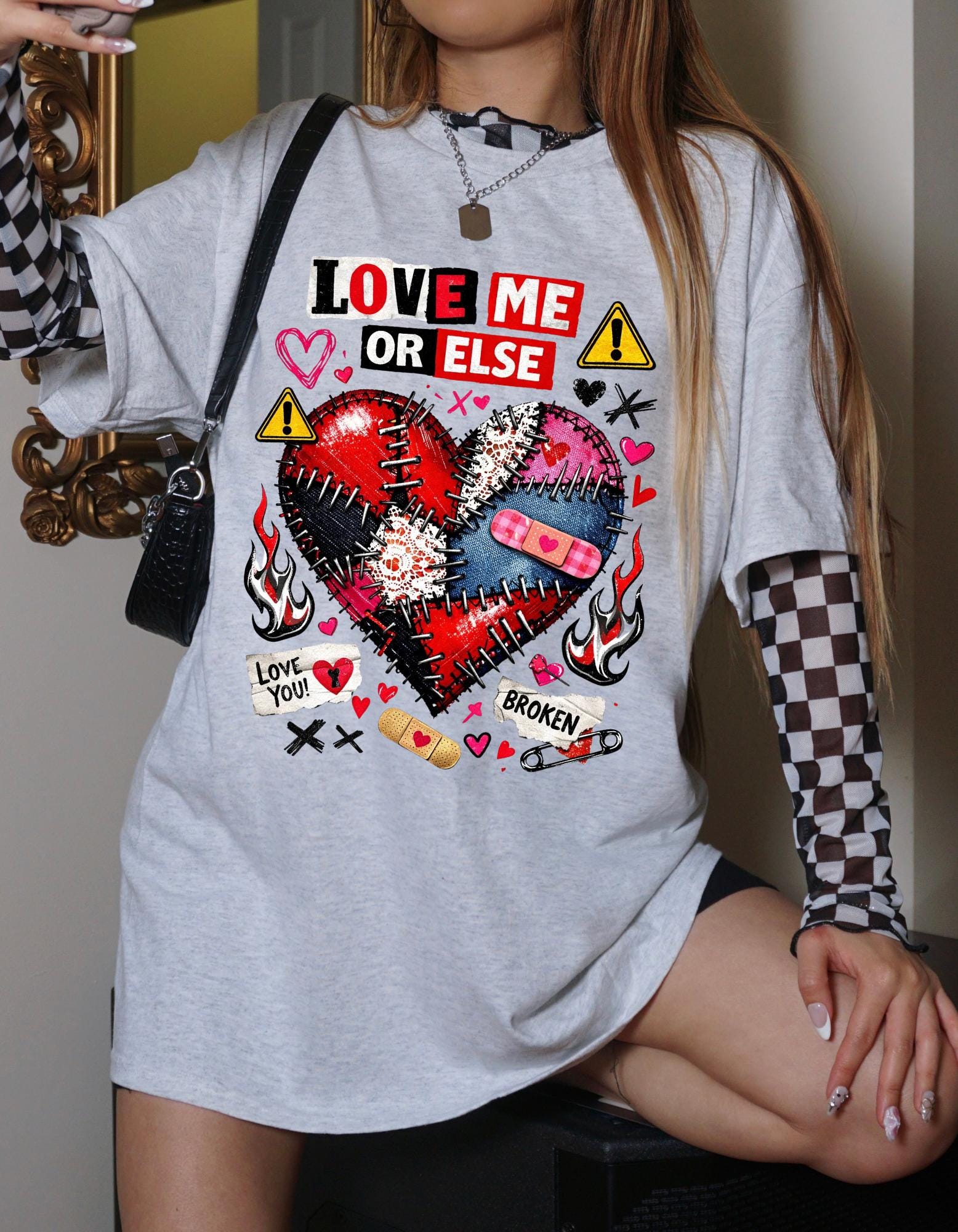 Love Me Or Else broken stitched heart T-Shirt | punk heart tattoo graphic