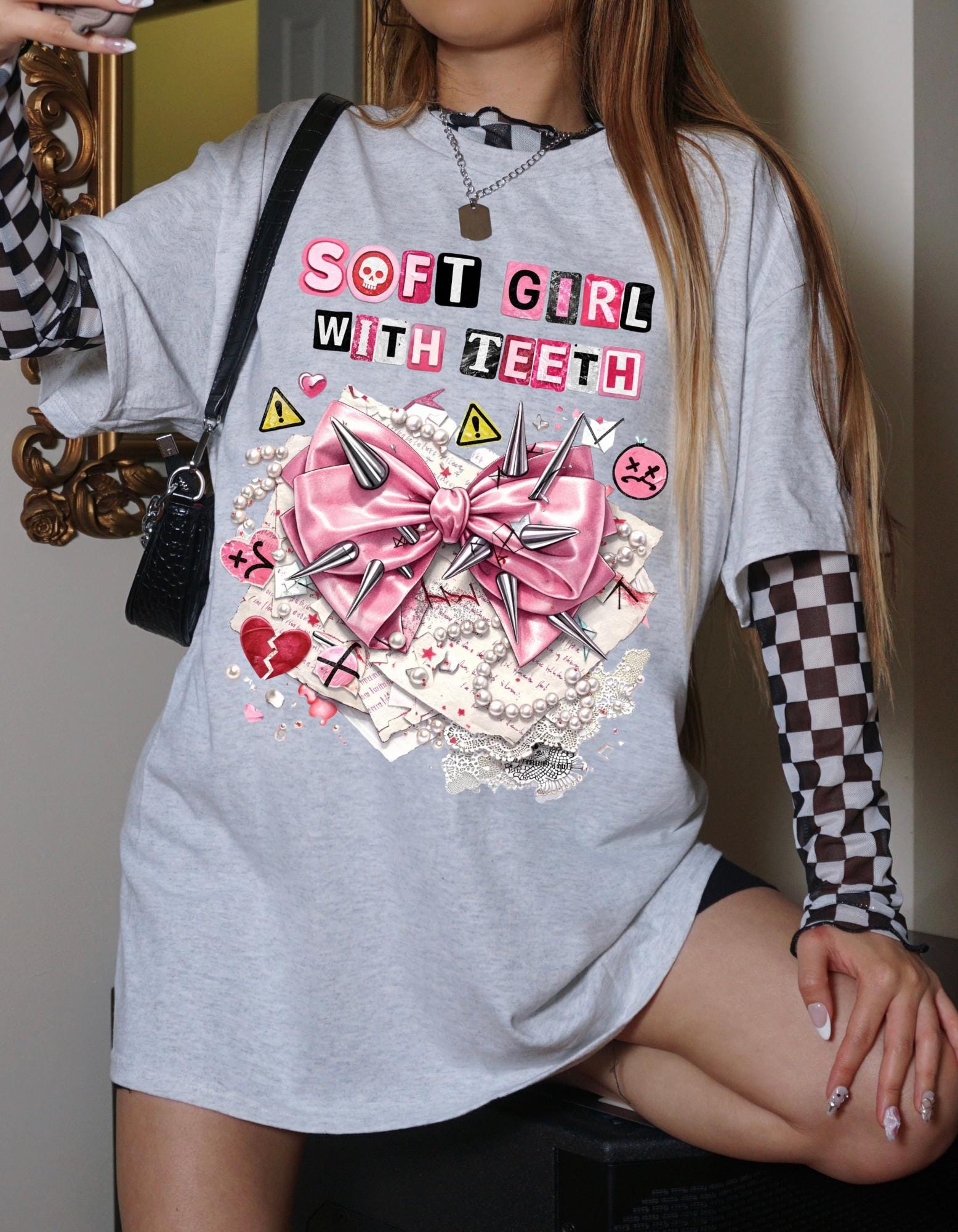 Soft Girl With Teeth T-Shirt | Pink Bow Graphic, Kawaii Punk Aesthetic