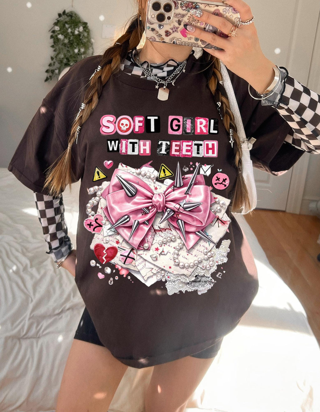 Soft Girl With Teeth T-Shirt | Pink Bow Graphic, Kawaii Punk Aesthetic