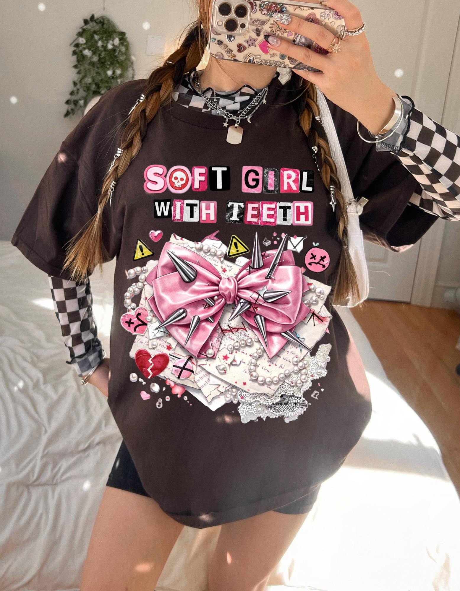 Soft Girl With Teeth T-Shirt | Pink Bow Graphic, Kawaii Punk Aesthetic