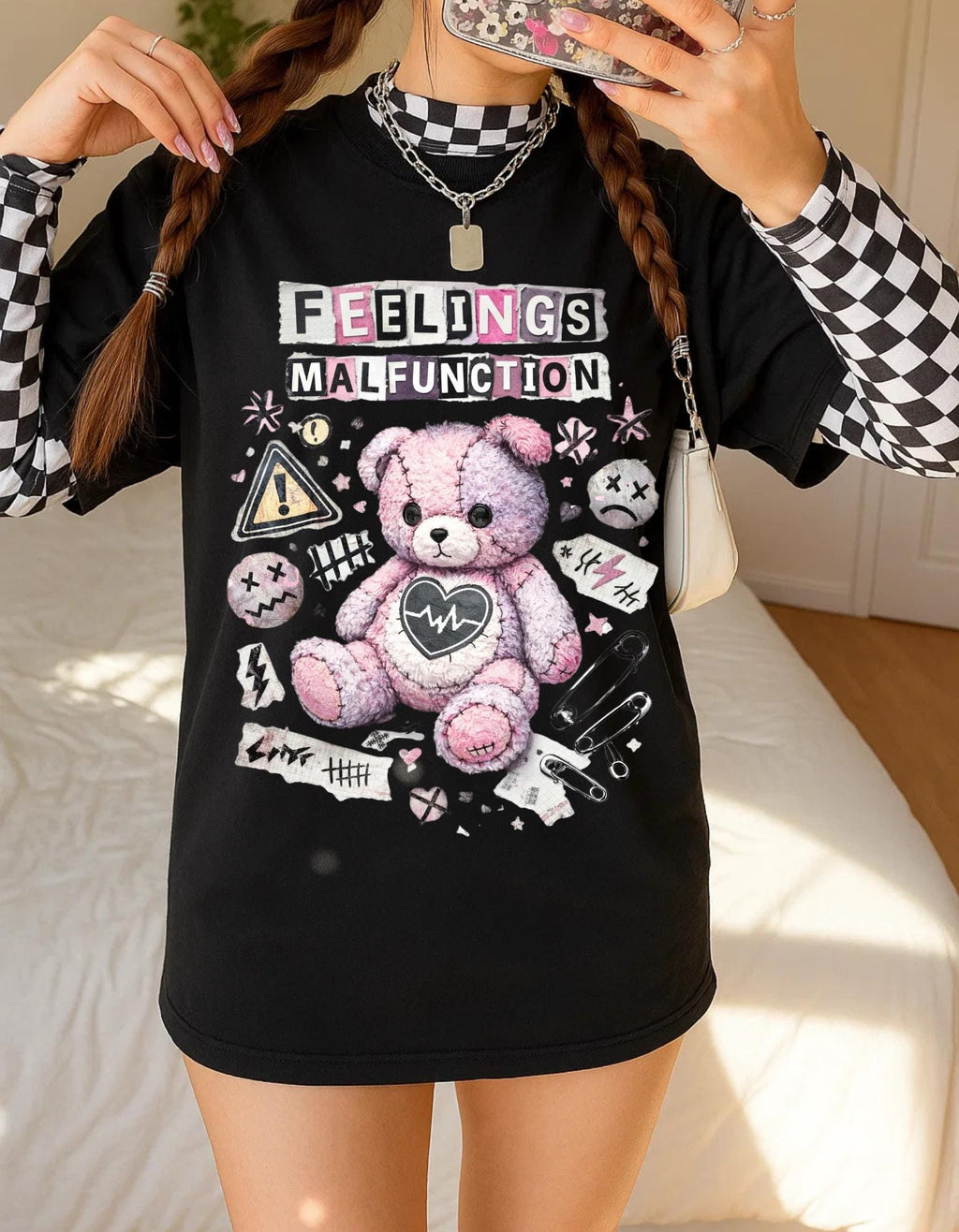 Feelings Malfunction Teddy bear T-Shirt | Cute Grunge Heart Patchwork