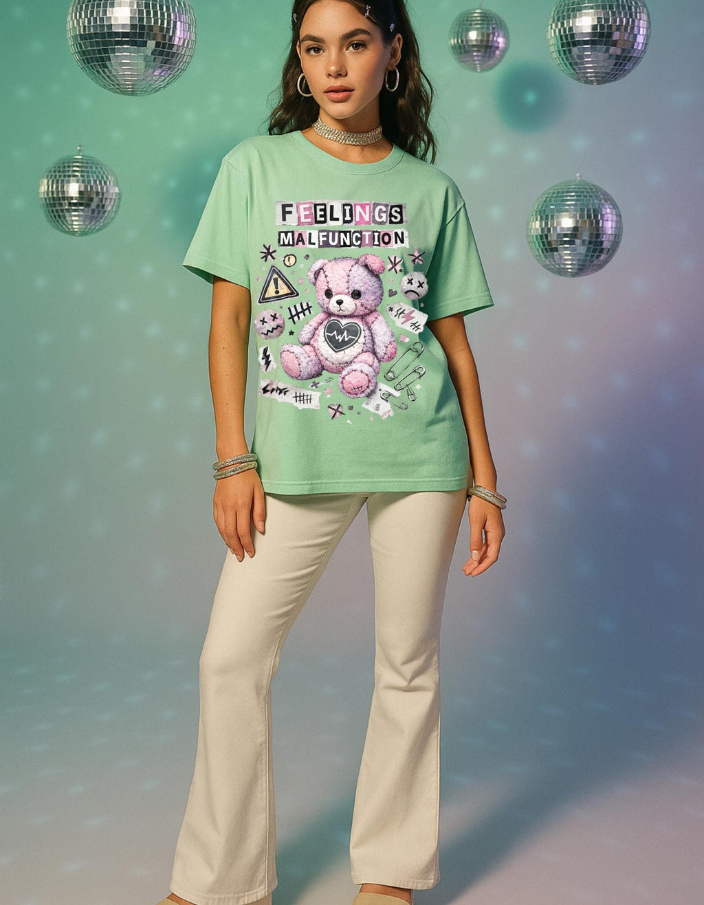 Feelings Malfunction Teddy bear T-Shirt | Cute Grunge Heart Patchwork