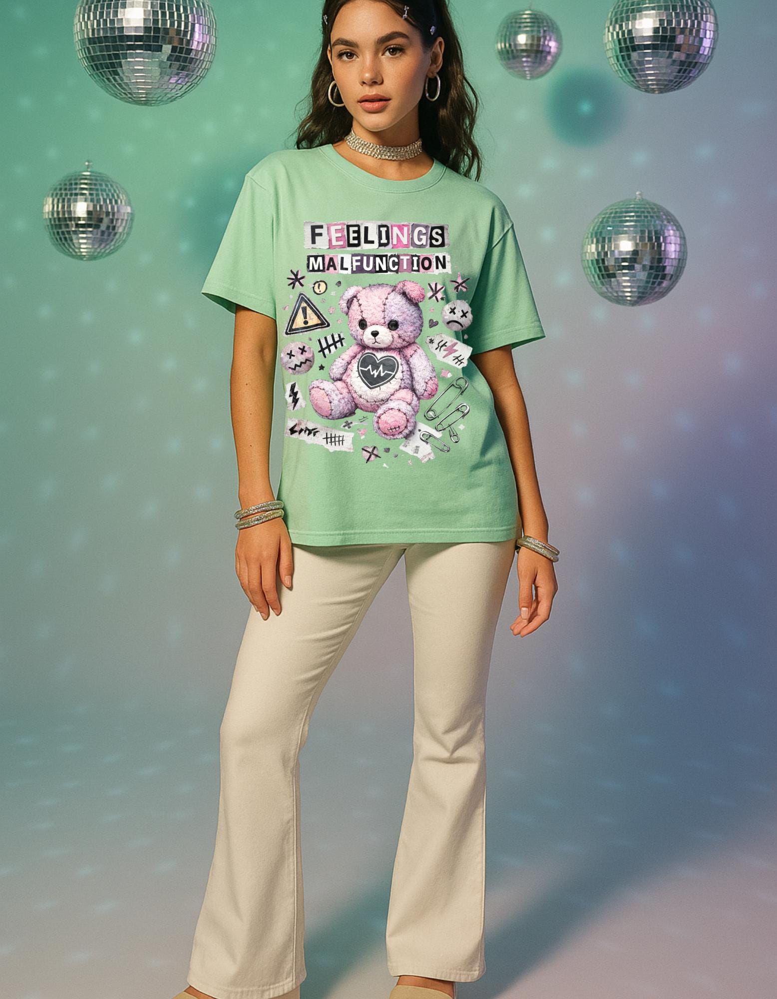 Feelings Malfunction Teddy bear T-Shirt | Cute Grunge Heart Patchwork