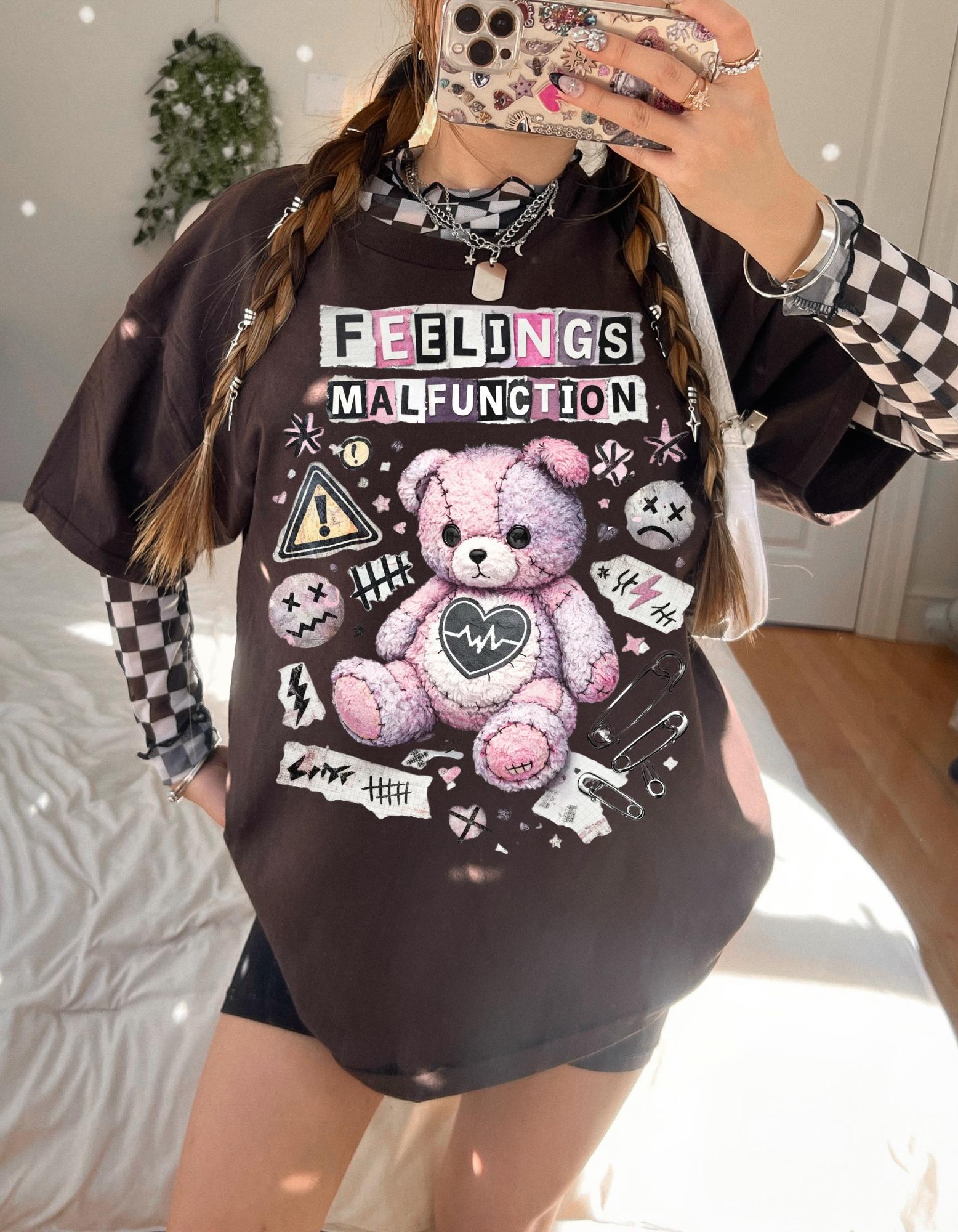 Feelings Malfunction Teddy bear T-Shirt | Cute Grunge Heart Patchwork