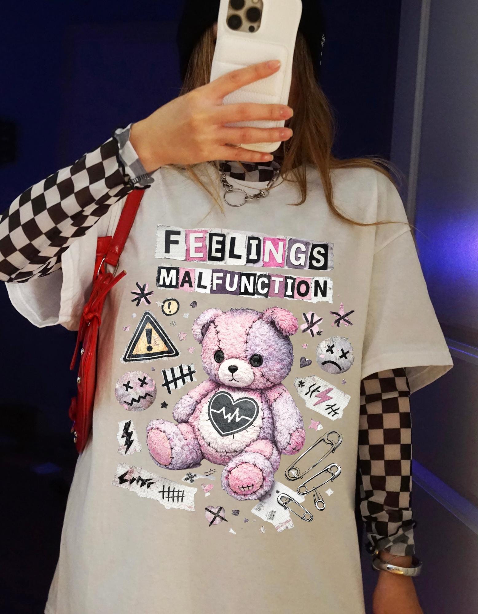 Feelings Malfunction Teddy bear T-Shirt | Cute Grunge Heart Patchwork