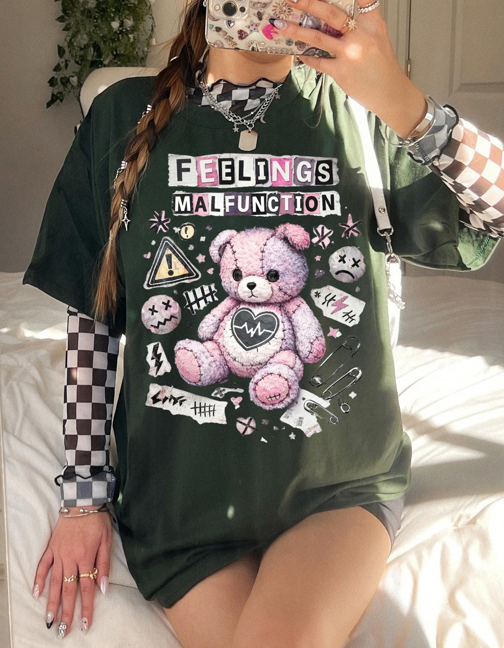 Feelings Malfunction Teddy bear T-Shirt | Cute Grunge Heart Patchwork