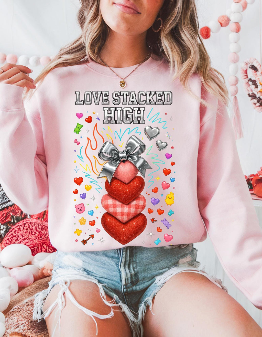 Stacked Hearts Ribbon Crewneck Sweatshirt Valentine Love Design Gift Unisex Cozy Apparel