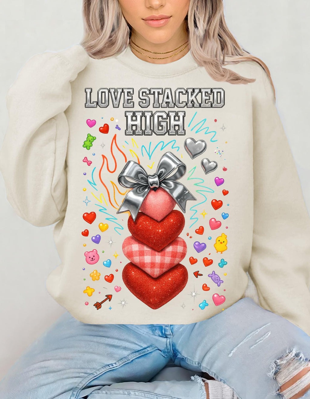 Stacked Hearts Ribbon Crewneck Sweatshirt Valentine Love Design Gift Unisex Cozy Apparel