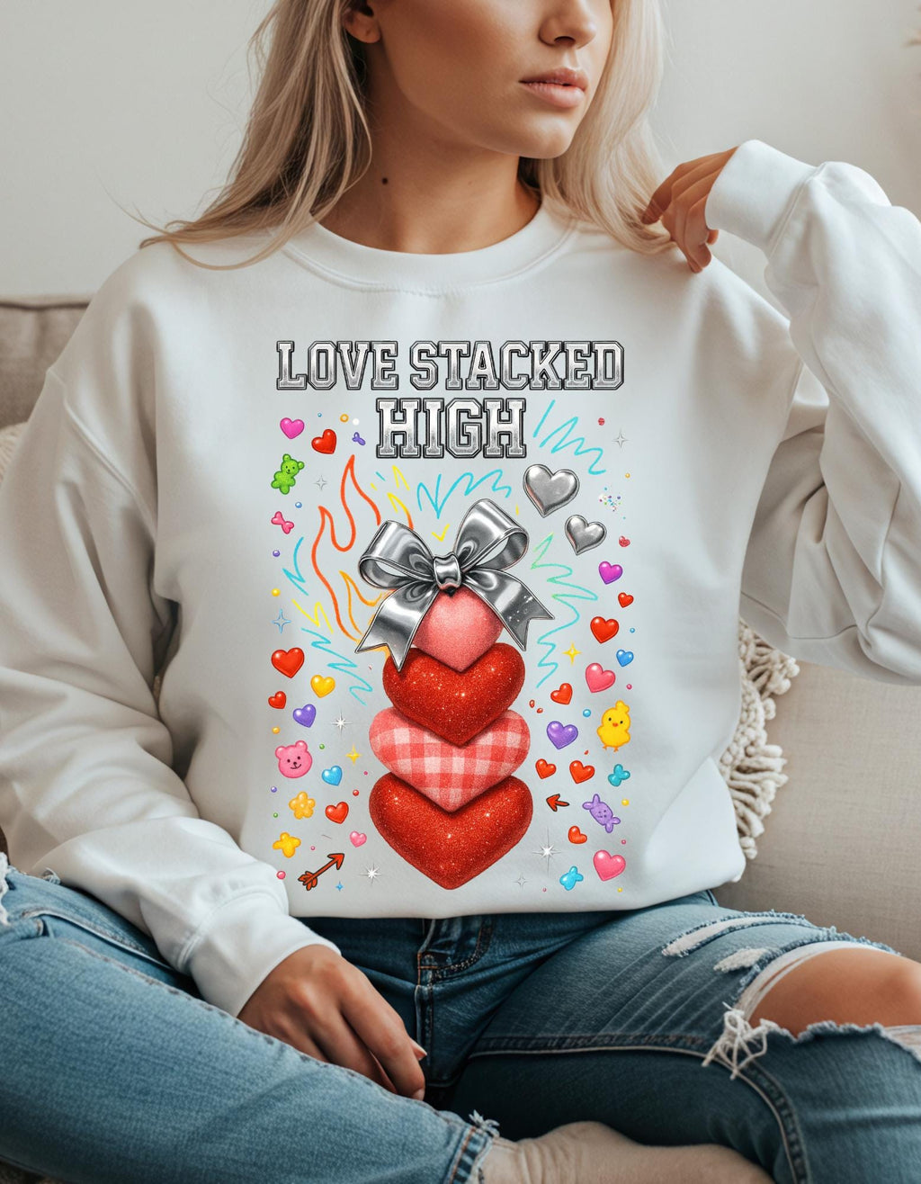 Stacked Hearts Ribbon Crewneck Sweatshirt Valentine Love Design Gift Unisex Cozy Apparel
