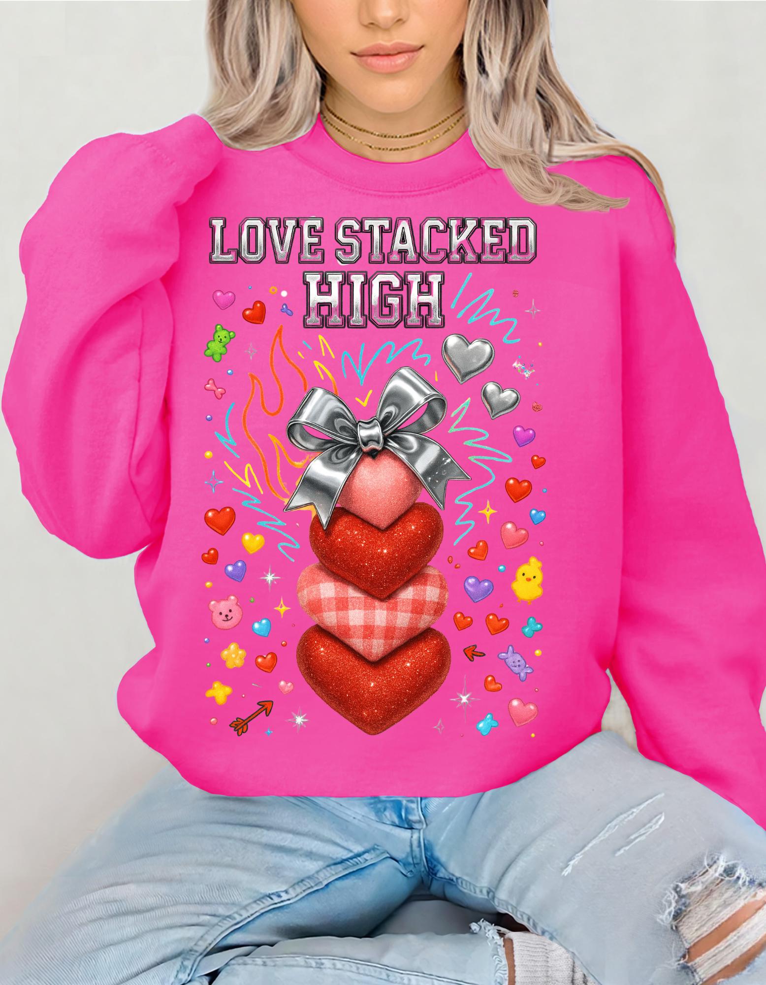 Stacked Hearts Ribbon Crewneck Sweatshirt Valentine Love Design Gift Unisex Cozy Apparel
