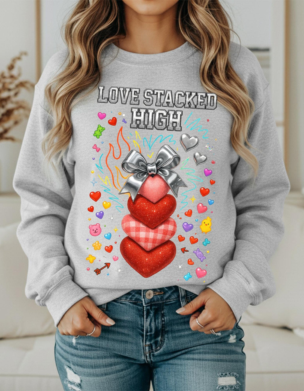 Stacked Hearts Ribbon Crewneck Sweatshirt Valentine Love Design Gift Unisex Cozy Apparel