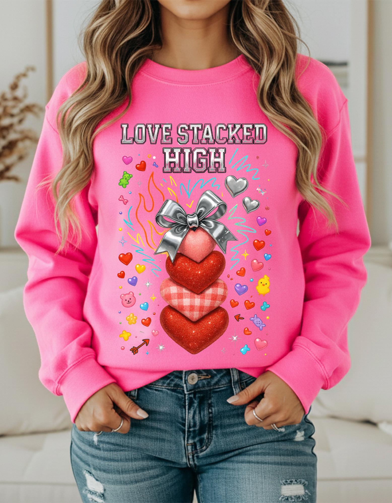 Stacked Hearts Ribbon Crewneck Sweatshirt Valentine Love Design Gift Unisex Cozy Apparel