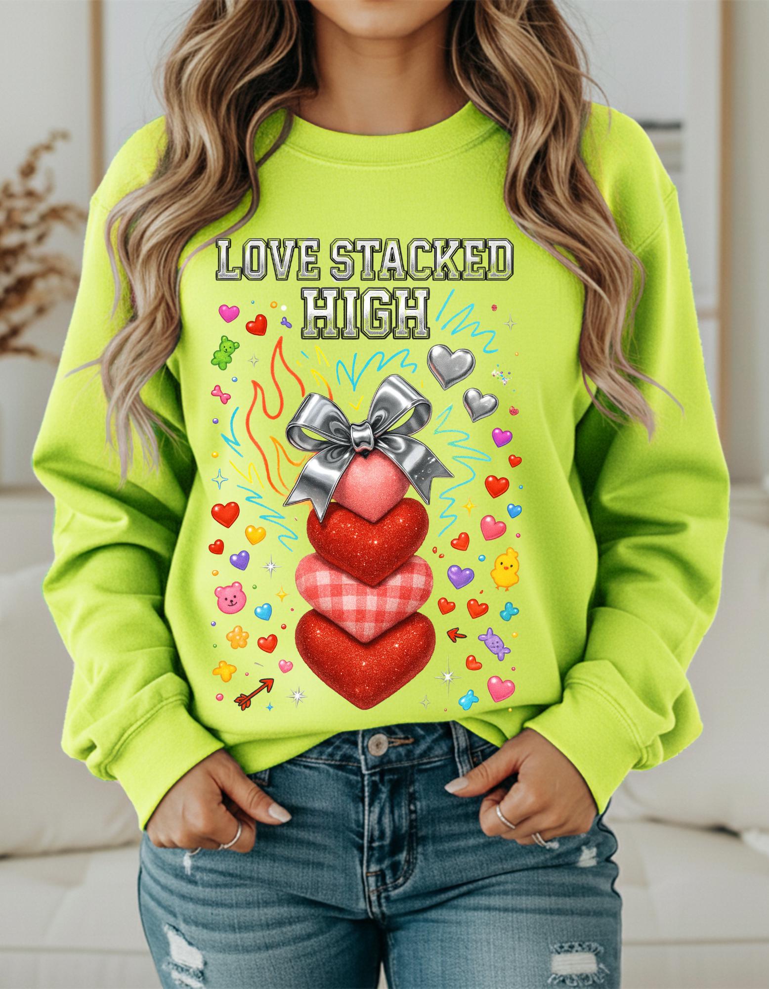 Stacked Hearts Ribbon Crewneck Sweatshirt Valentine Love Design Gift Unisex Cozy Apparel