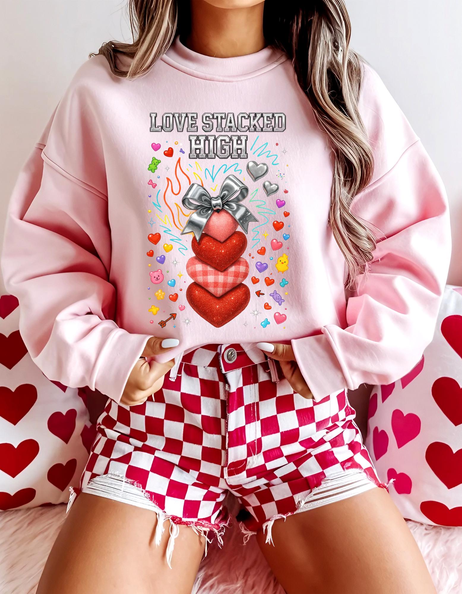 Stacked Hearts Ribbon Crewneck Sweatshirt Valentine Love Design Gift Unisex Cozy Apparel