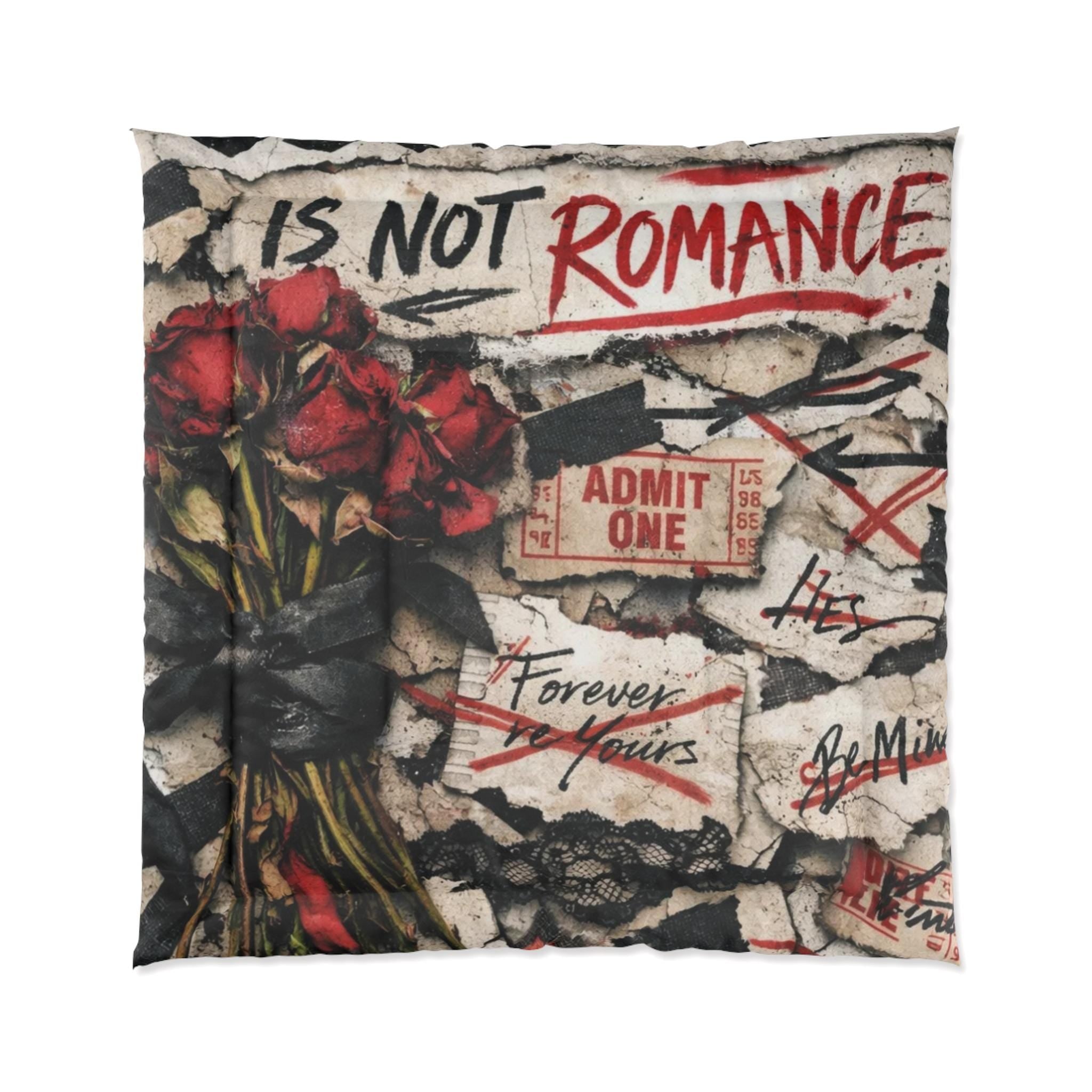 Obsession Is Not Romance comforter | Rose Bouquet, Grunge Typography, Dark Vintage