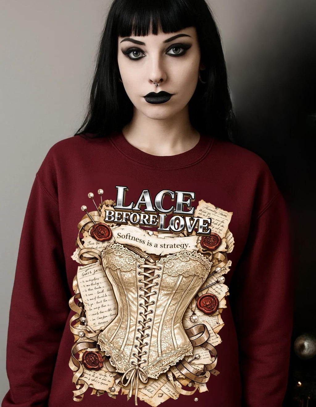 Lace Before Love corset illustration Sweatshirt | vintage Victorian rose fashion