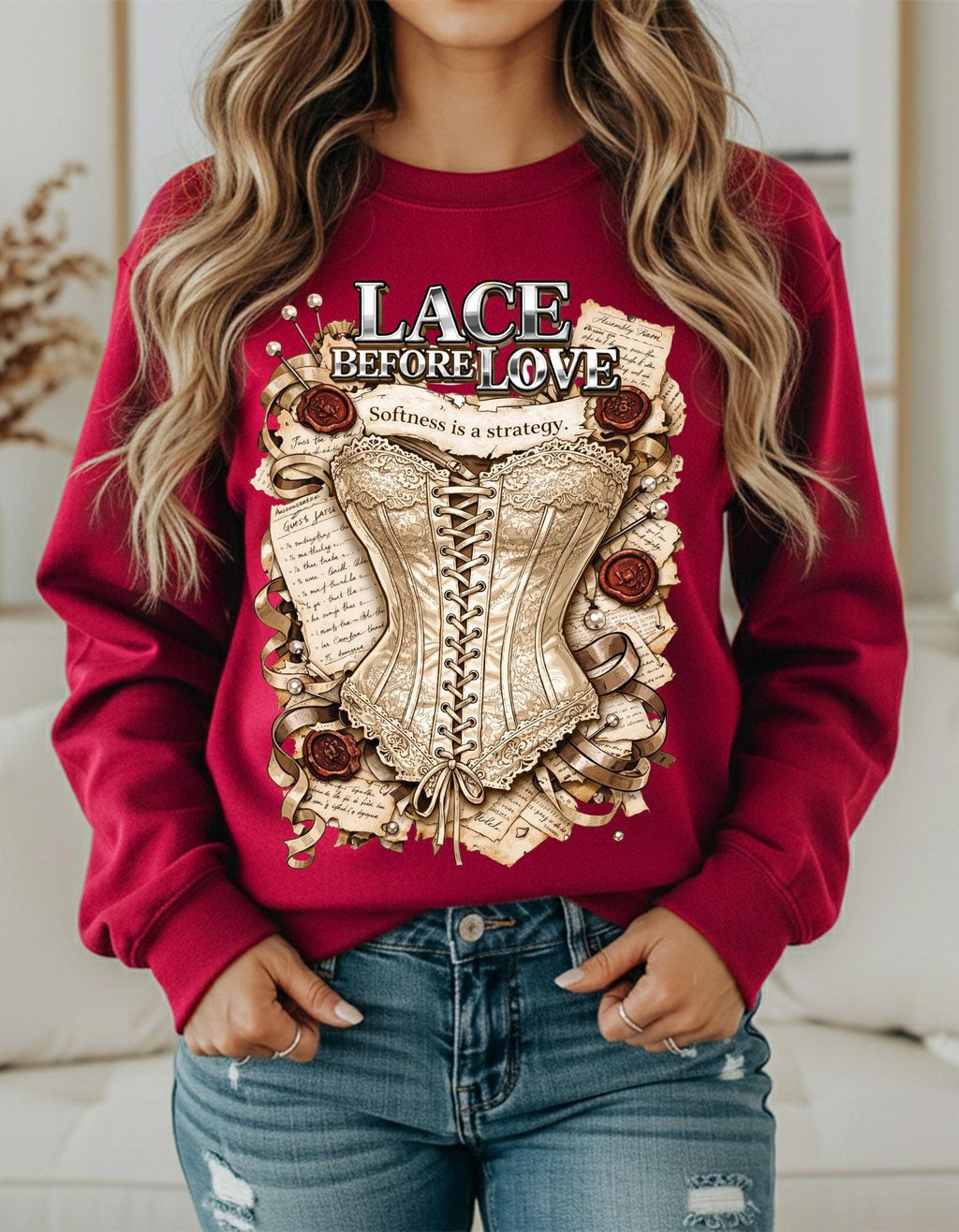 Lace Before Love corset illustration Sweatshirt | vintage Victorian rose fashion