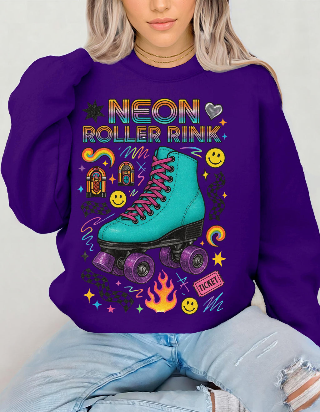 Neon Roller Rink Teal Skate Illustration Sweatshirt | 80s Retro Vintage Derby Pullover Gift