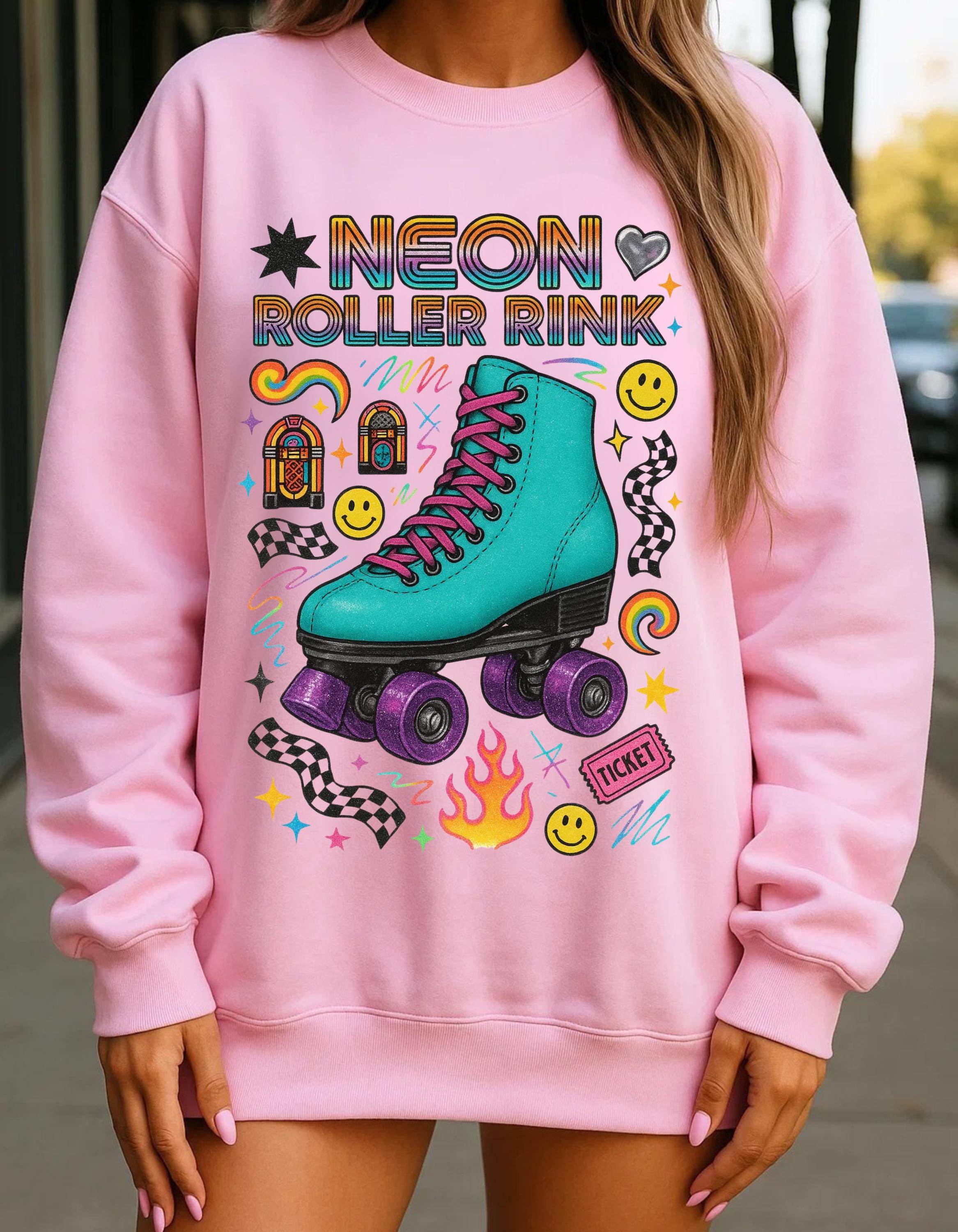 Neon Roller Rink Teal Skate Illustration Sweatshirt | 80s Retro Vintage Derby Pullover Gift