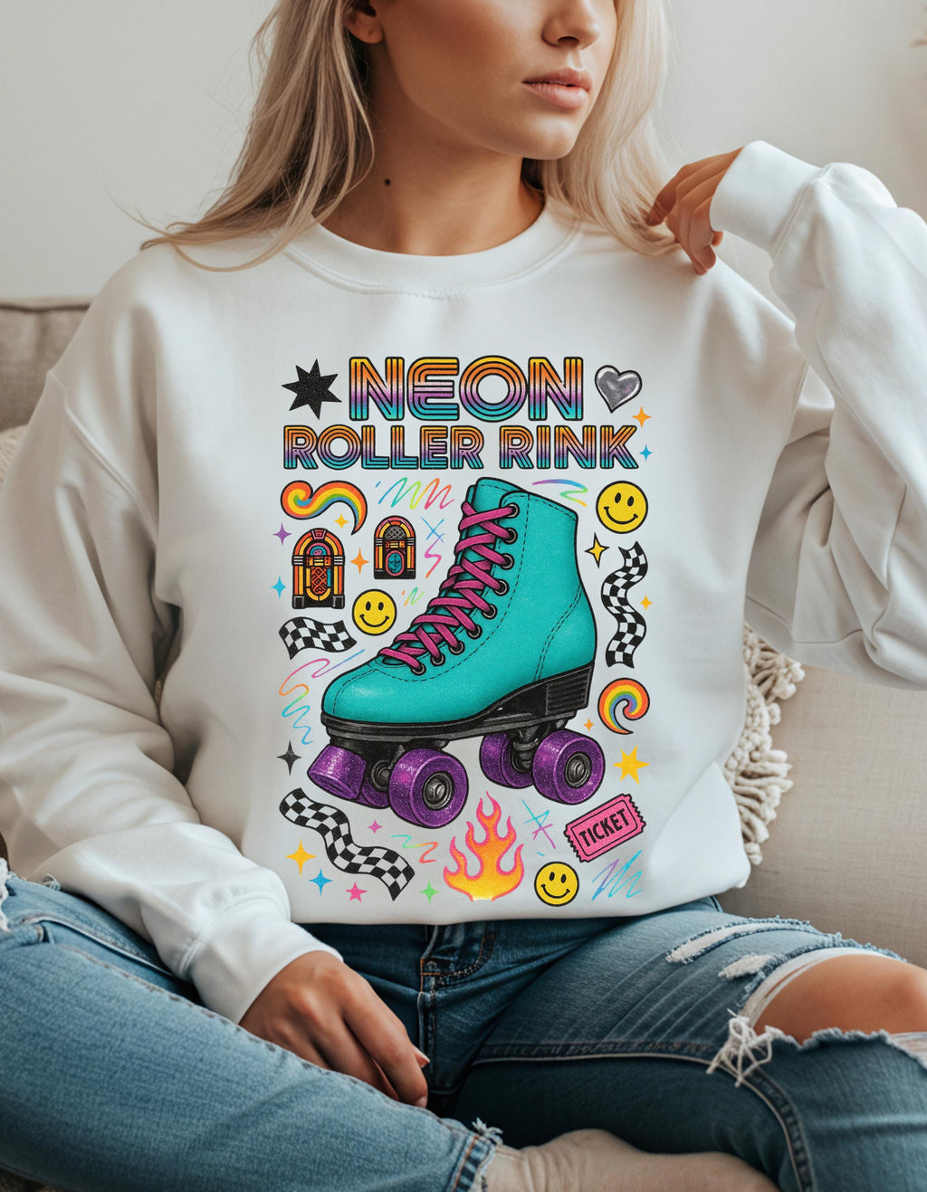 Neon Roller Rink Teal Skate Illustration Sweatshirt | 80s Retro Vintage Derby Pullover Gift
