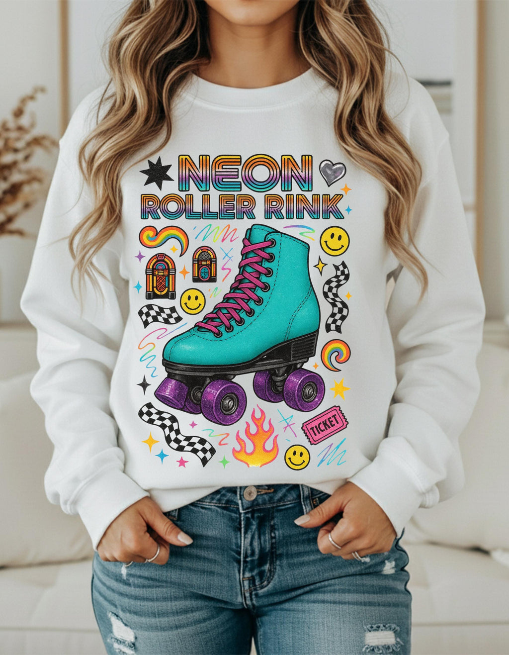 Neon Roller Rink Teal Skate Illustration Sweatshirt | 80s Retro Vintage Derby Pullover Gift
