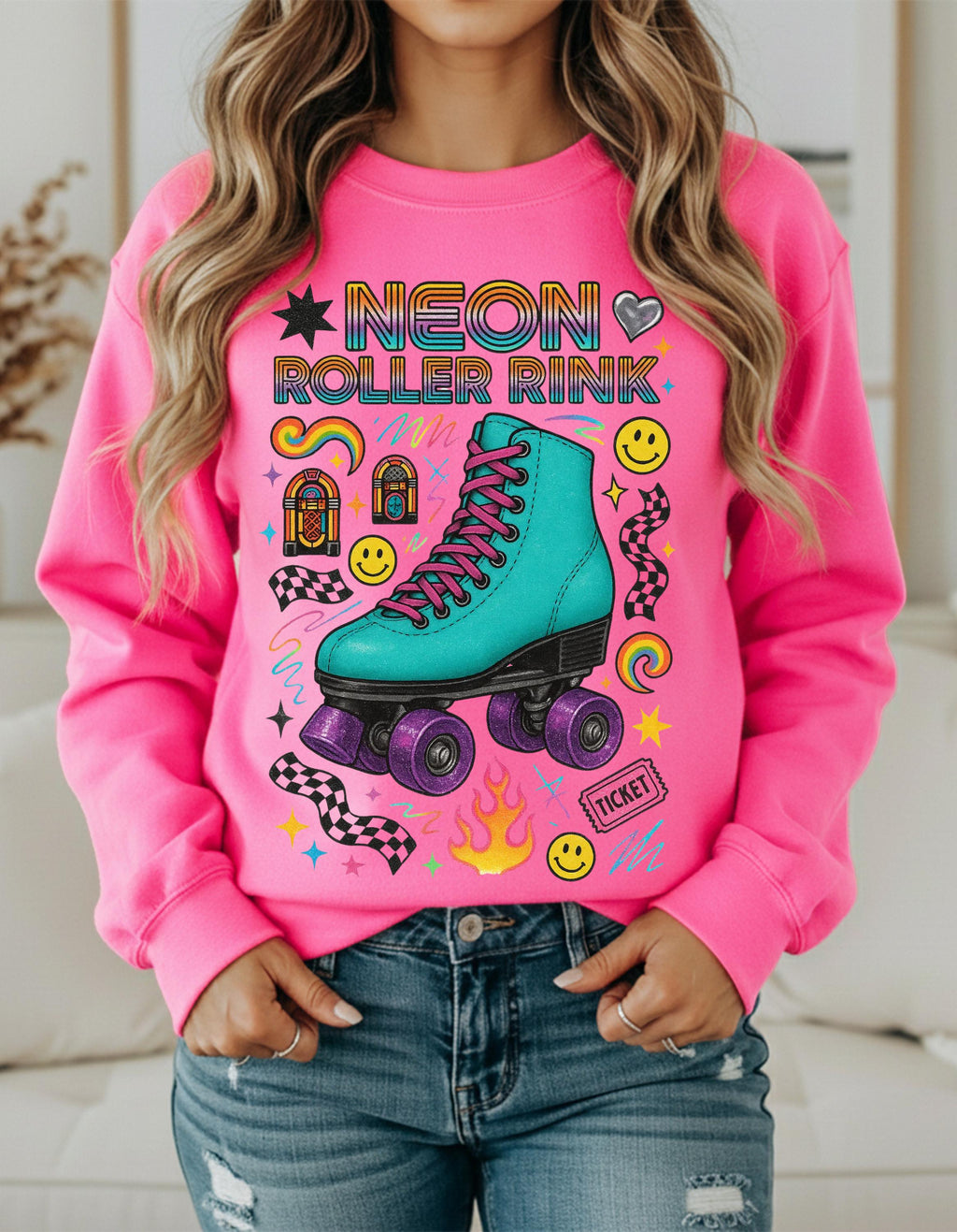 Neon Roller Rink Teal Skate Illustration Sweatshirt | 80s Retro Vintage Derby Pullover Gift