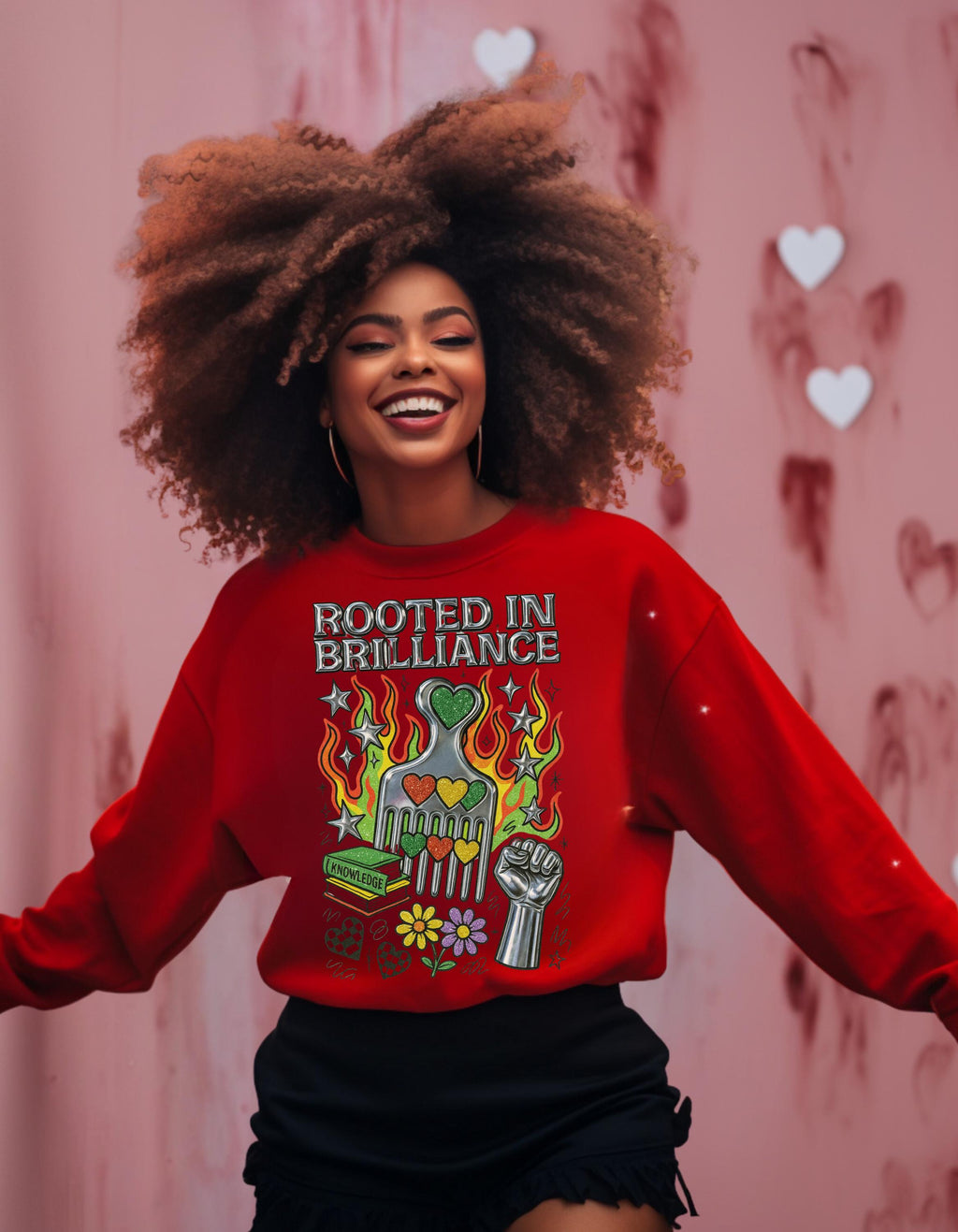 Rooted in Brilliance Sweatshirt | Afro Comb Books Fist Floral Art | Black Power Pride Crewneck