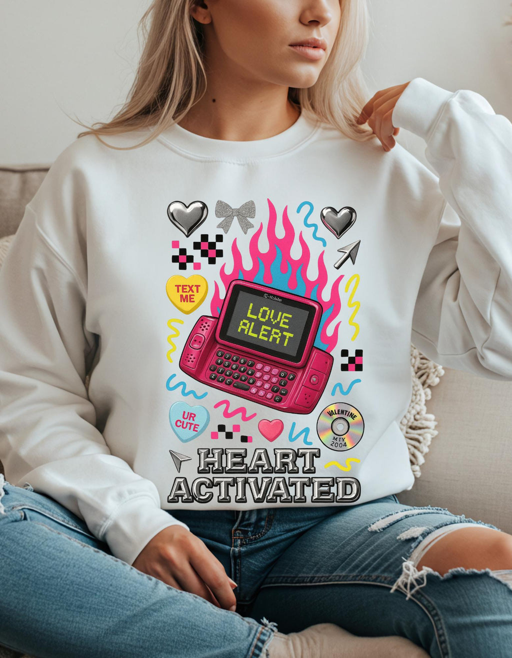 Heart Activated Graphic Sweatshirt | Retro Pager Kawaii Pullover