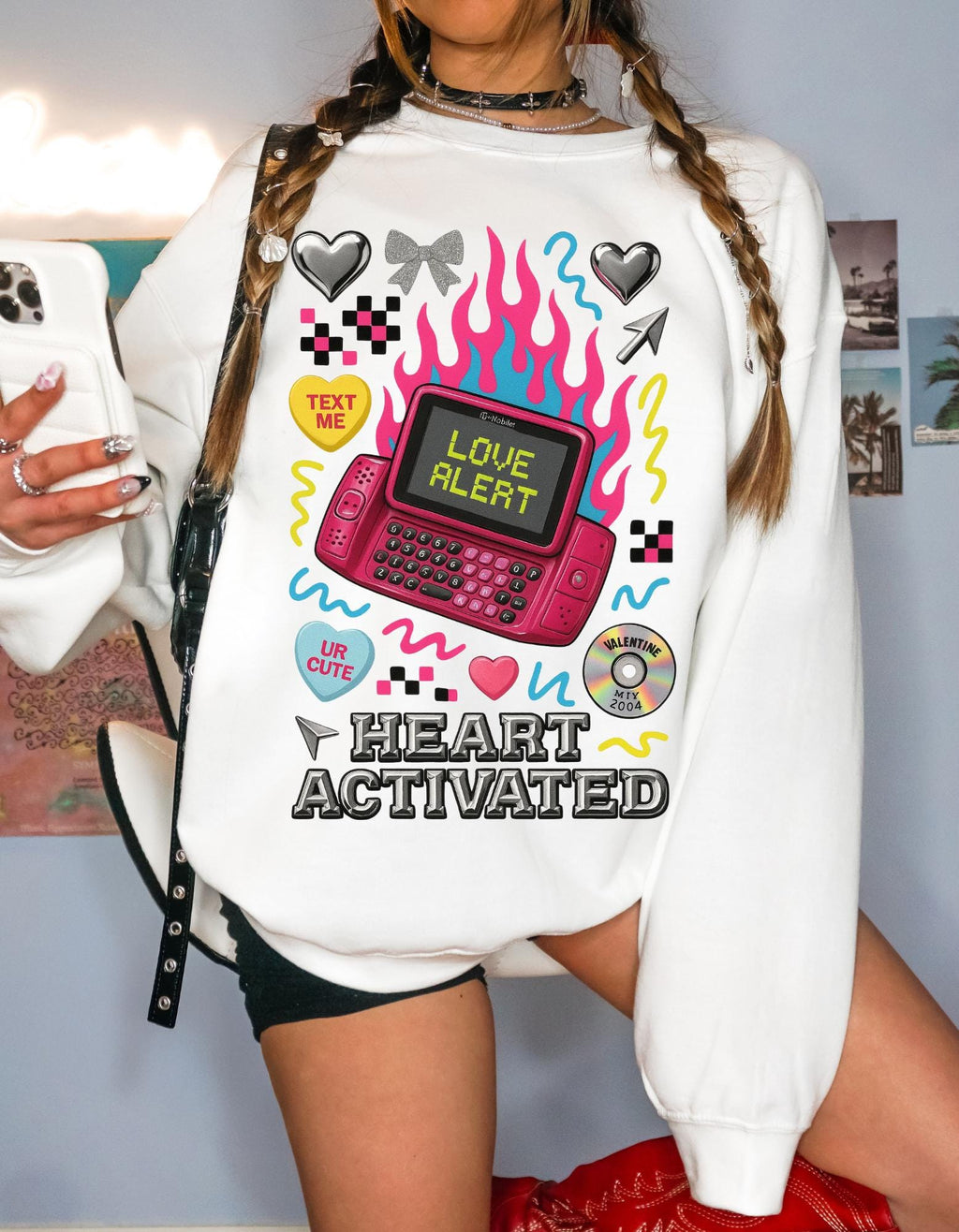Heart Activated Graphic Sweatshirt | Retro Pager Kawaii Pullover