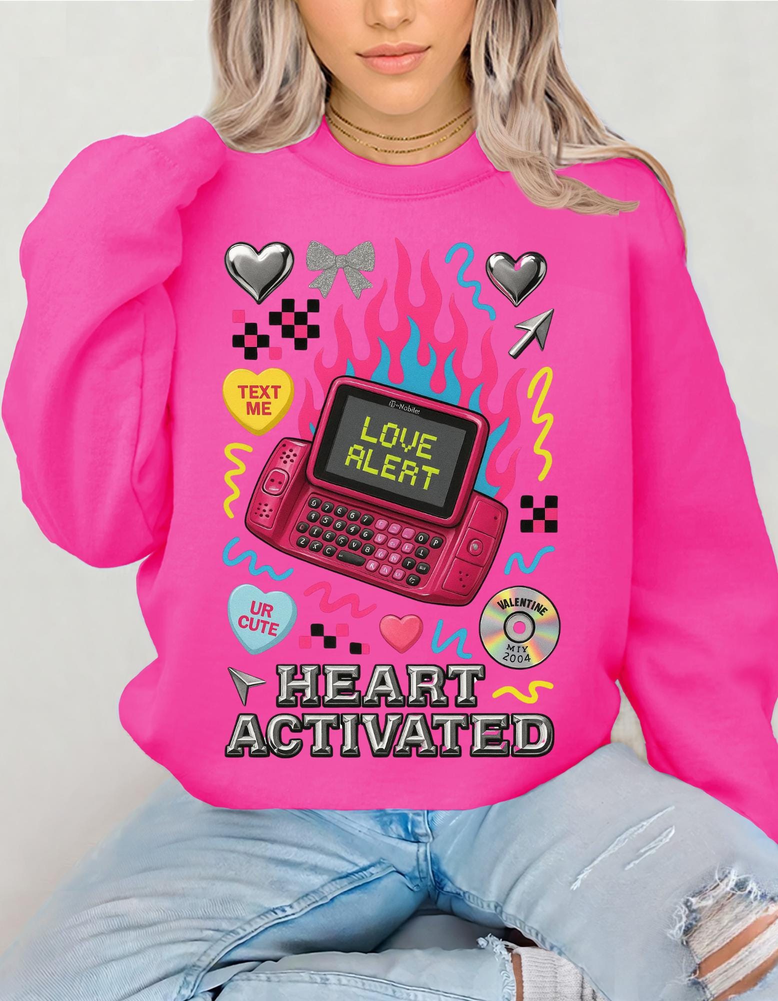 Heart Activated Graphic Sweatshirt | Retro Pager Kawaii Pullover