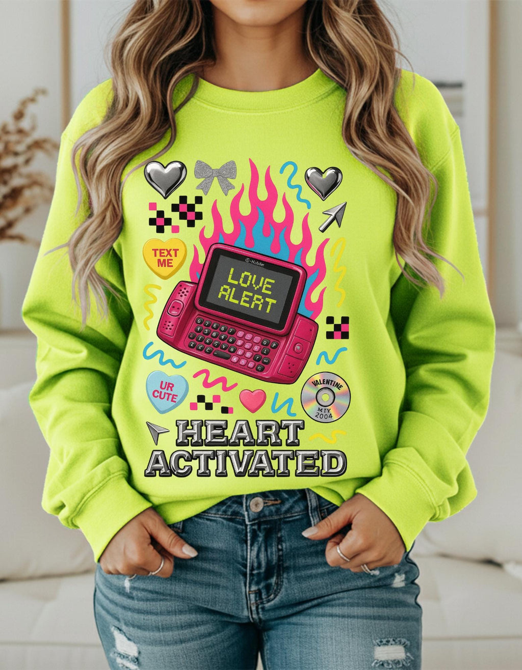 Heart Activated Graphic Sweatshirt | Retro Pager Kawaii Pullover