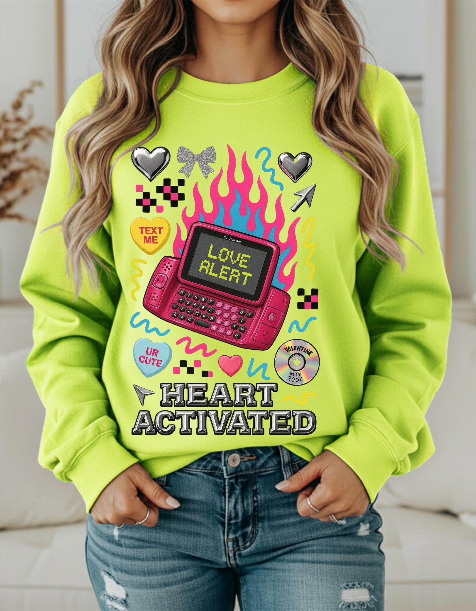 Heart Activated Graphic Sweatshirt | Retro Pager Kawaii Pullover