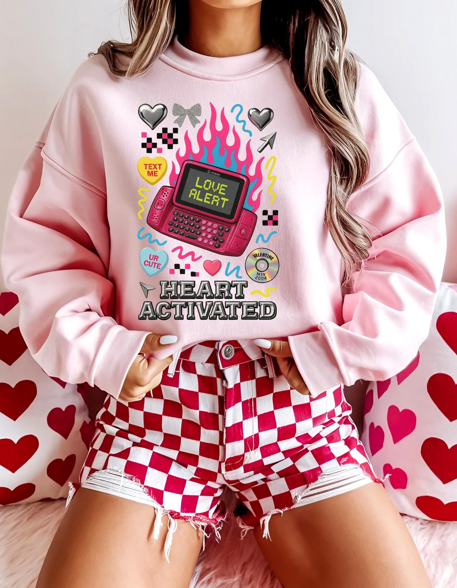Heart Activated Graphic Sweatshirt | Retro Pager Kawaii Pullover