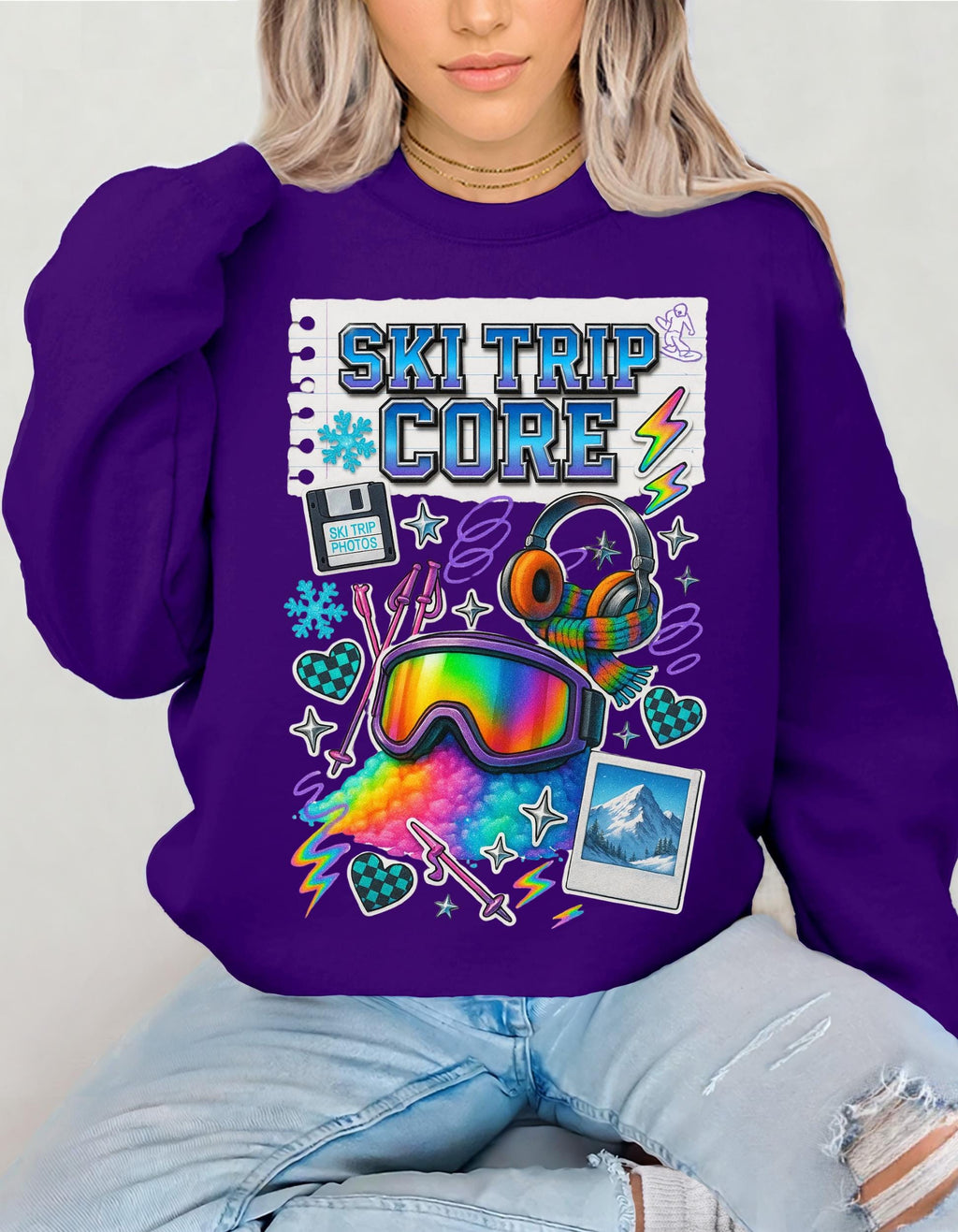 Ski Trip Core Snowboard Goggles Graphic Sweatshirt | Retro Winter Patches Collage Crewneck