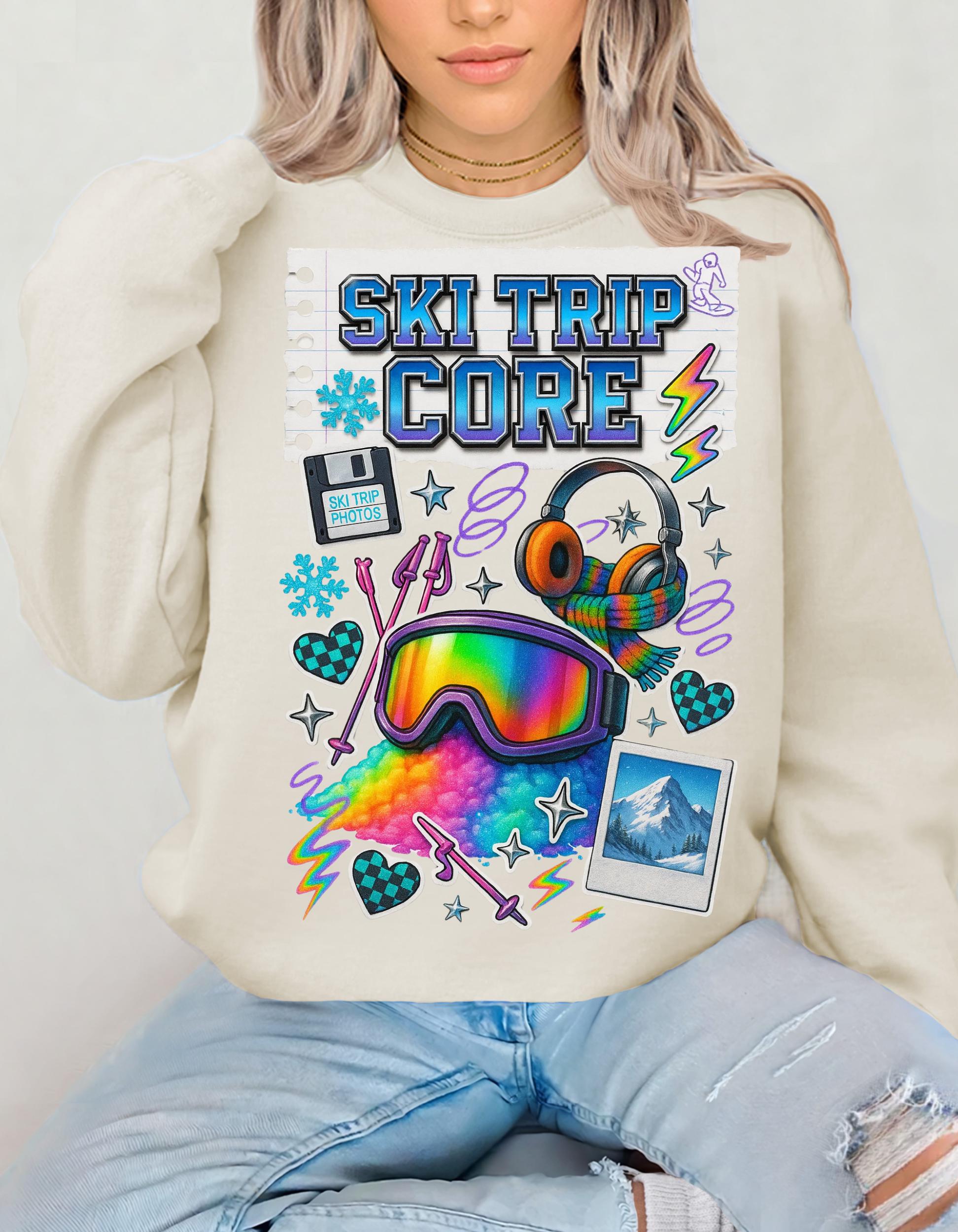 Ski Trip Core Snowboard Goggles Graphic Sweatshirt | Retro Winter Patches Collage Crewneck