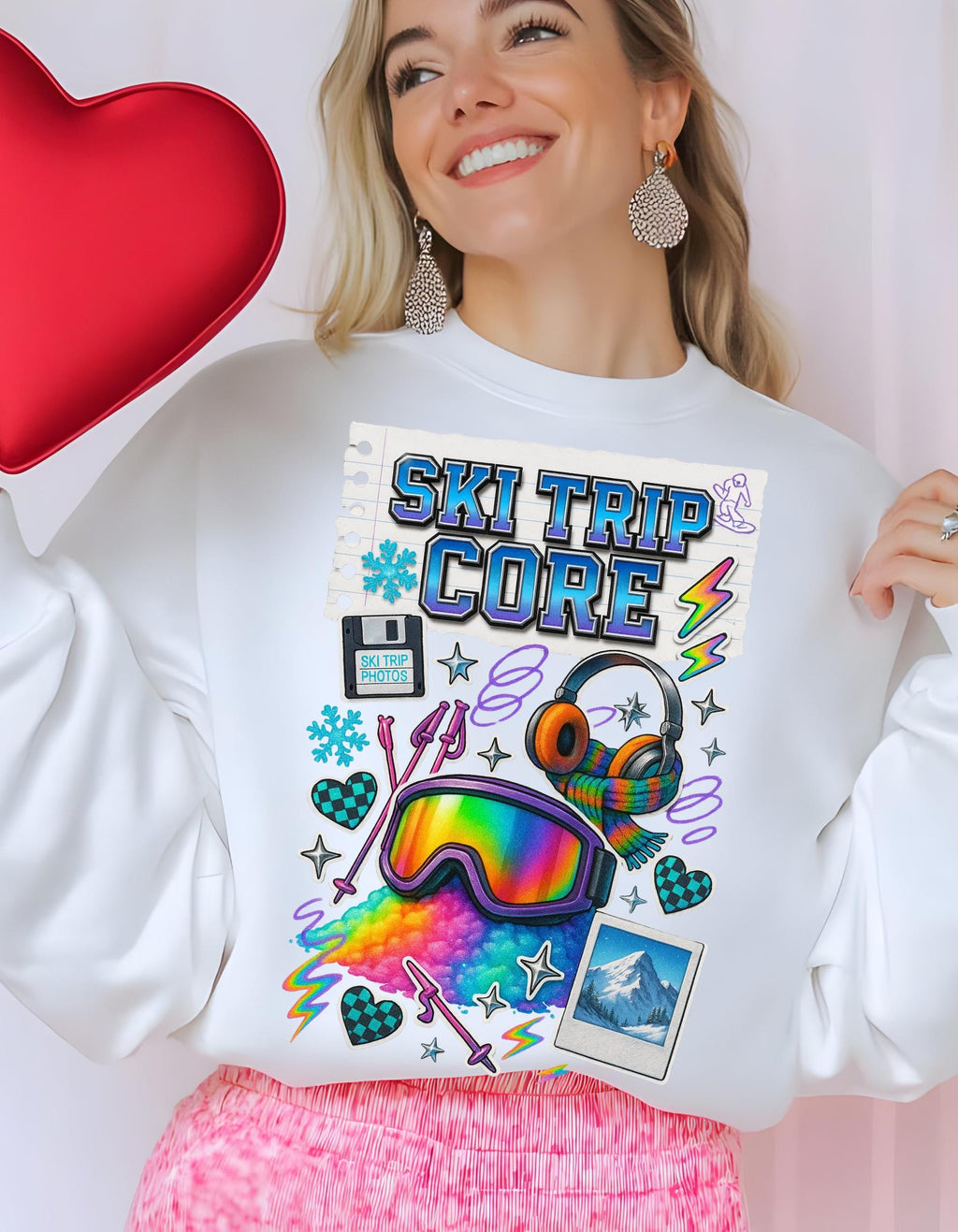 Ski Trip Core Snowboard Goggles Graphic Sweatshirt | Retro Winter Patches Collage Crewneck