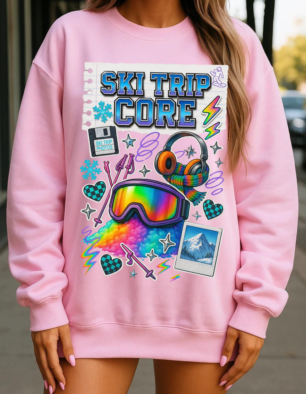Ski Trip Core Snowboard Goggles Graphic Sweatshirt | Retro Winter Patches Collage Crewneck
