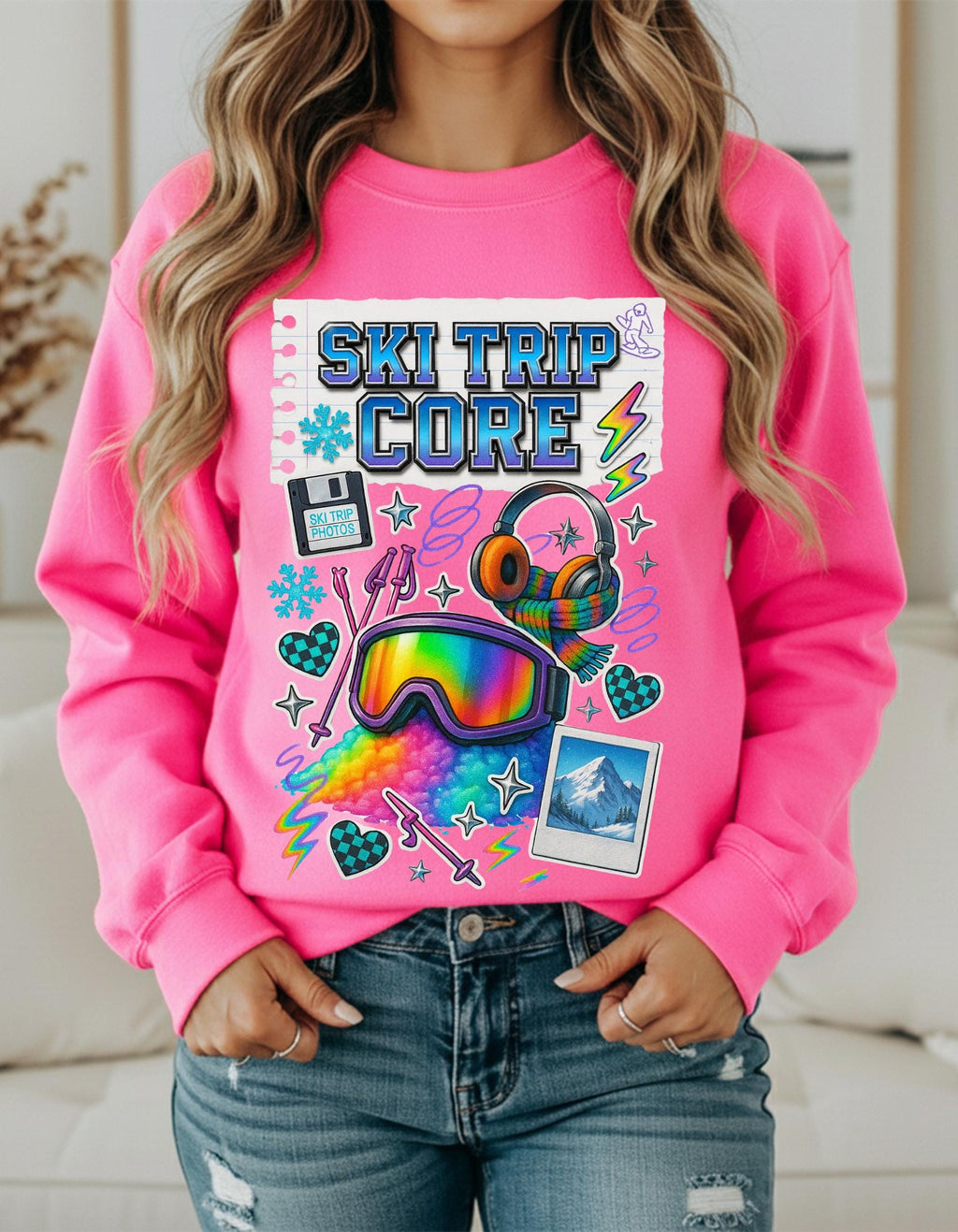 Ski Trip Core Snowboard Goggles Graphic Sweatshirt | Retro Winter Patches Collage Crewneck