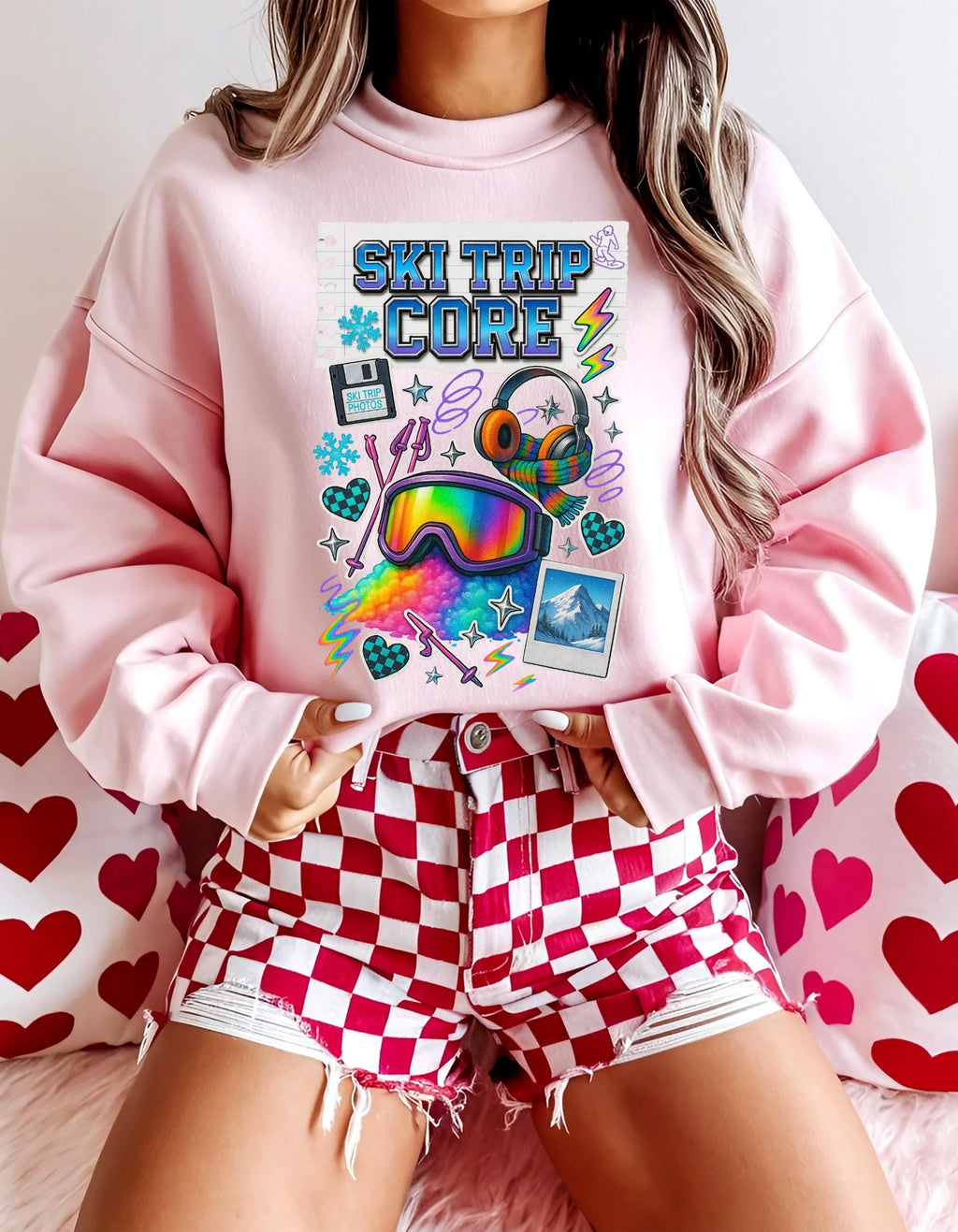 Ski Trip Core Snowboard Goggles Graphic Sweatshirt | Retro Winter Patches Collage Crewneck