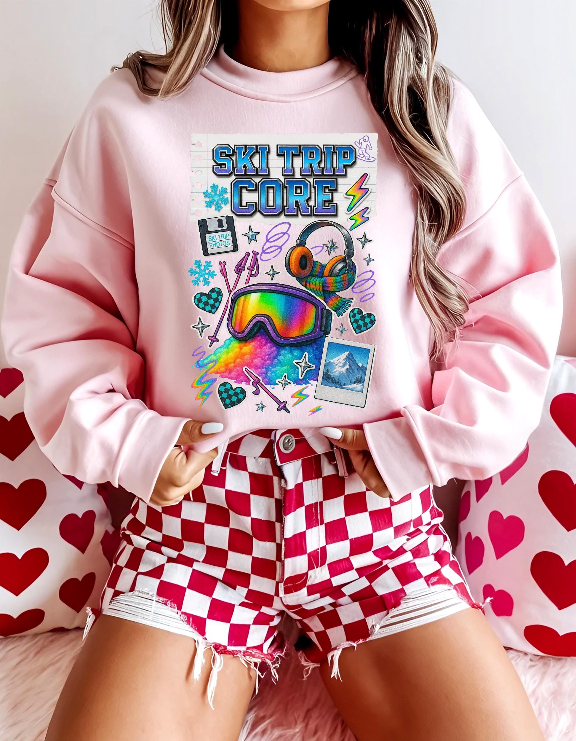 Ski Trip Core Snowboard Goggles Graphic Sweatshirt | Retro Winter Patches Collage Crewneck