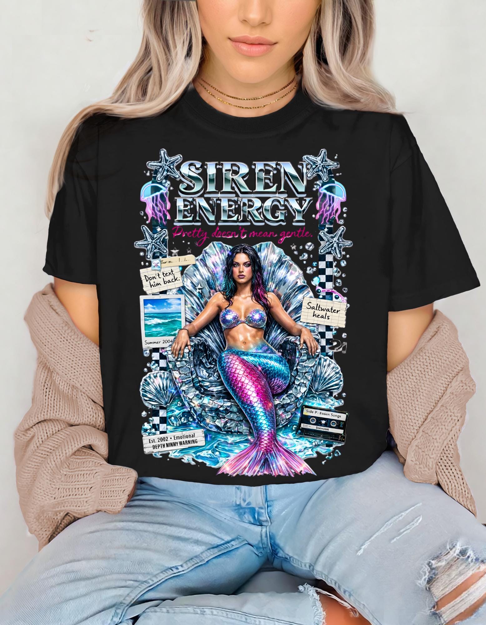 Siren Energy Mermaid Graphic Tee | Vintage Collage Illustration T-Shirt