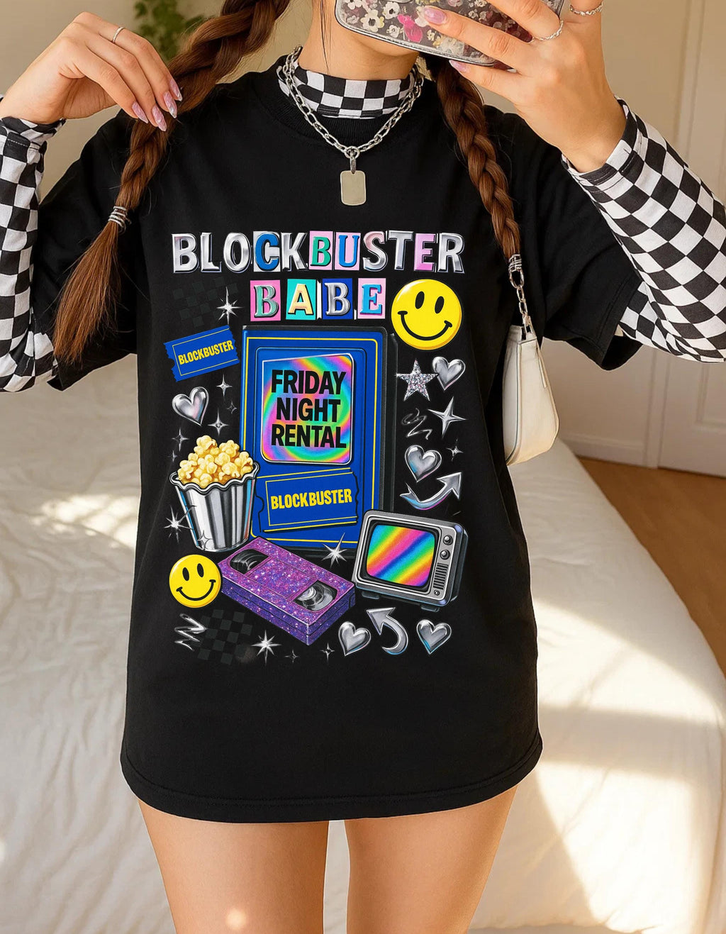 90s video store Babe T-Shirt | Retro VHS Popcorn Arcade Smileys