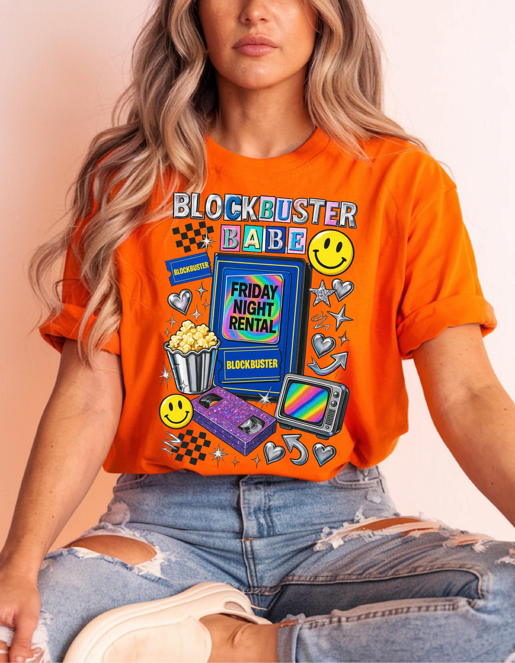 90s video store Babe T-Shirt | Retro VHS Popcorn Arcade Smileys