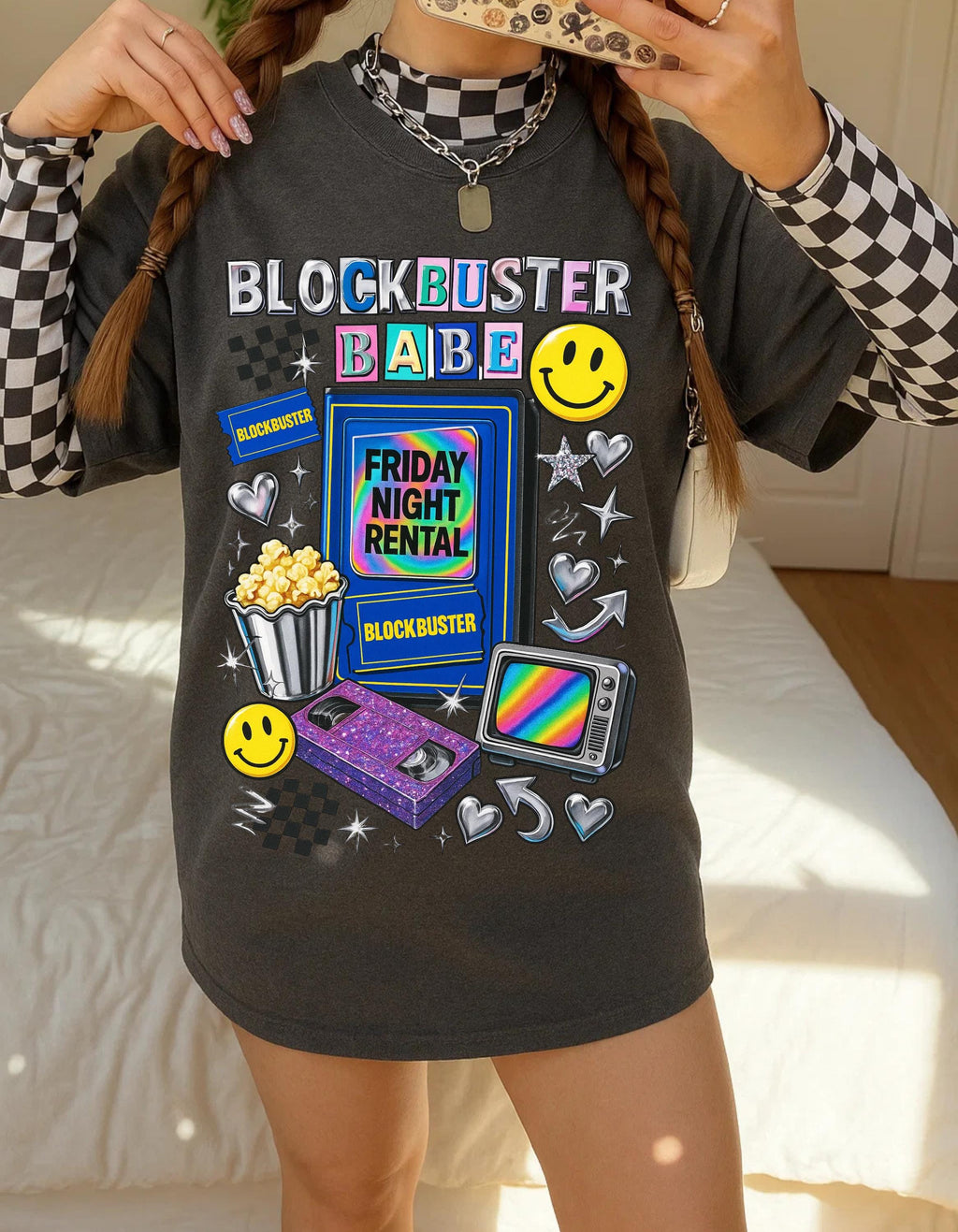 90s video store Babe T-Shirt | Retro VHS Popcorn Arcade Smileys