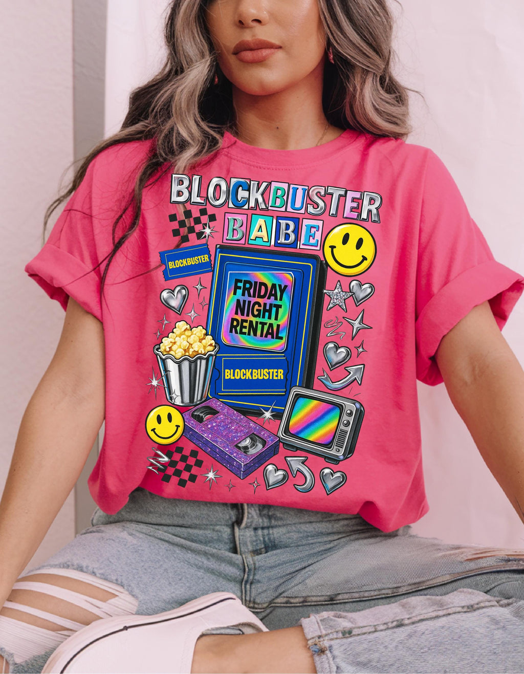 90s video store Babe T-Shirt | Retro VHS Popcorn Arcade Smileys