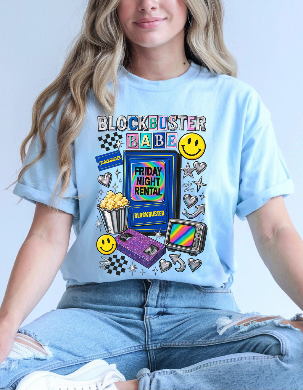 90s video store Babe T-Shirt | Retro VHS Popcorn Arcade Smileys