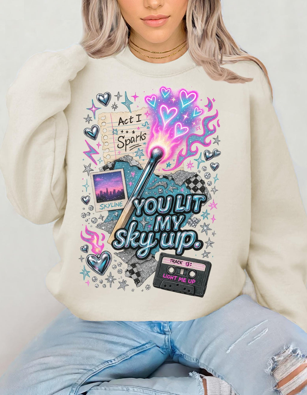You Lit My Sky Up Sweatshirt - Y2K Love Graphic Crewneck, Retro Cassette Matchstick Shirt, Cozy Nostalgia Gift