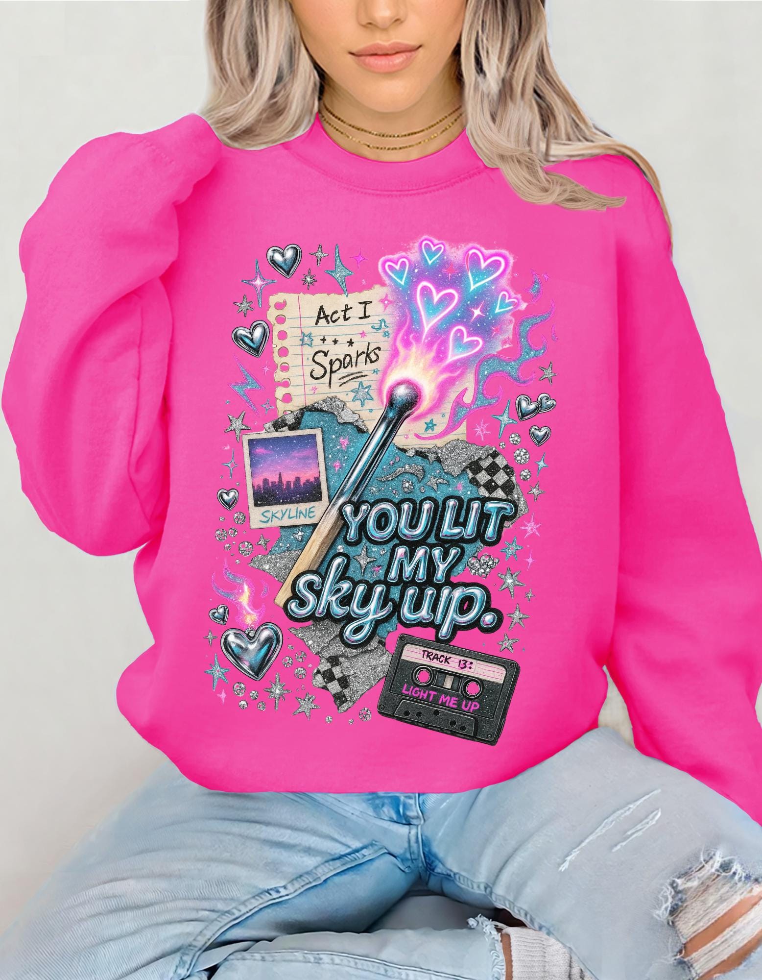 You Lit My Sky Up Sweatshirt - Y2K Love Graphic Crewneck, Retro Cassette Matchstick Shirt, Cozy Nostalgia Gift