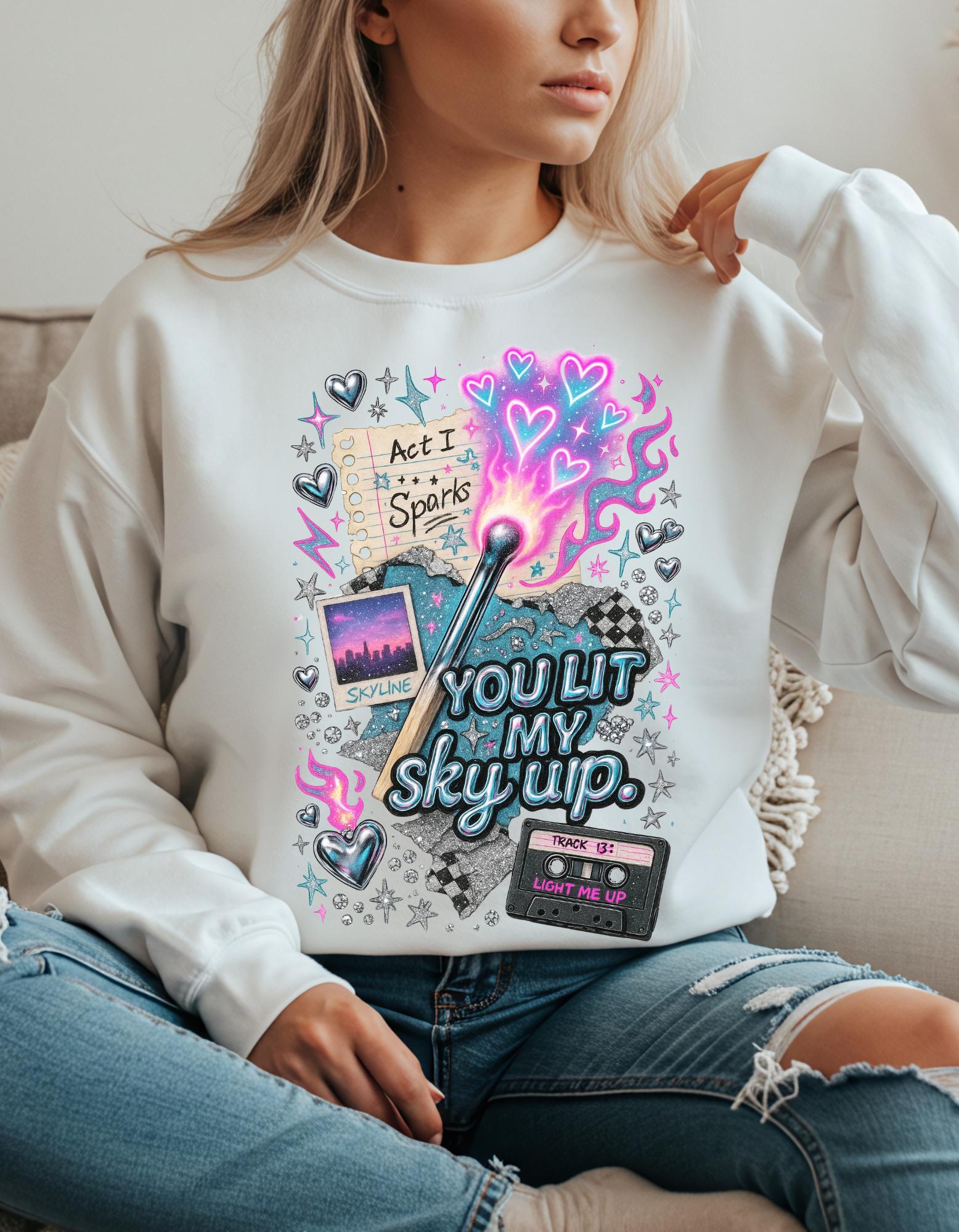 You Lit My Sky Up Sweatshirt - Y2K Love Graphic Crewneck, Retro Cassette Matchstick Shirt, Cozy Nostalgia Gift